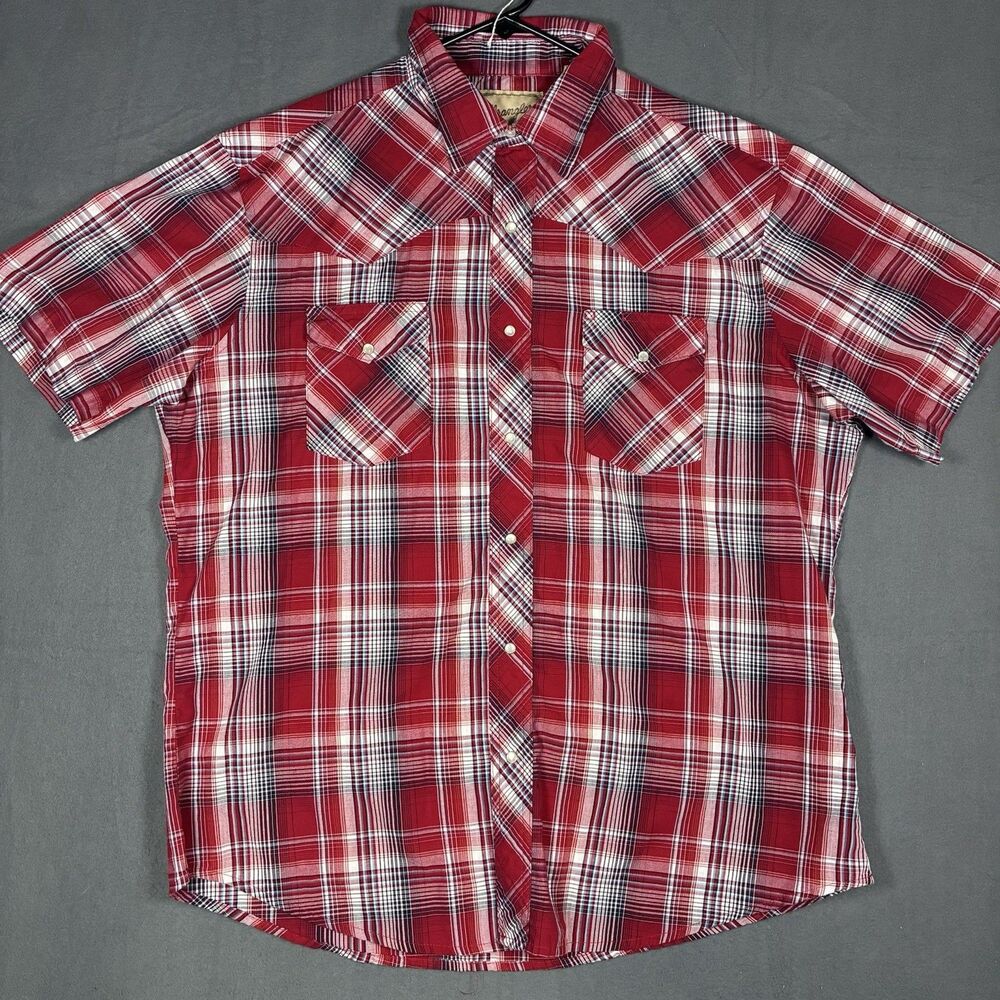 Wrangler Mens XL Western Shirt Red Plaid Pearl Snap Short Sleeve Stretch Cowboy